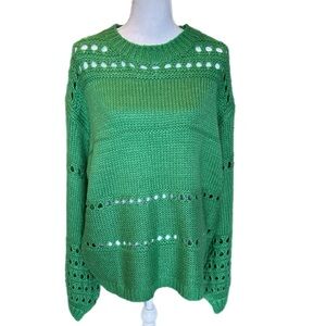 NWT Vine & Love Green Balloon Sleeve Open-Knit Crochet Crew Neck Sweater - Large